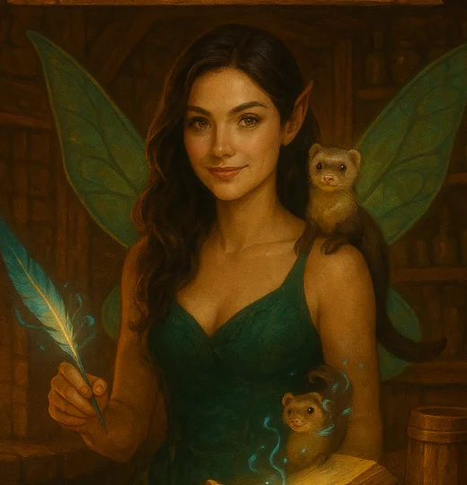 The official Miss Terri: dark-haired fairy with teal-green wings, emerald dress, magic quill, book and little ferret companions